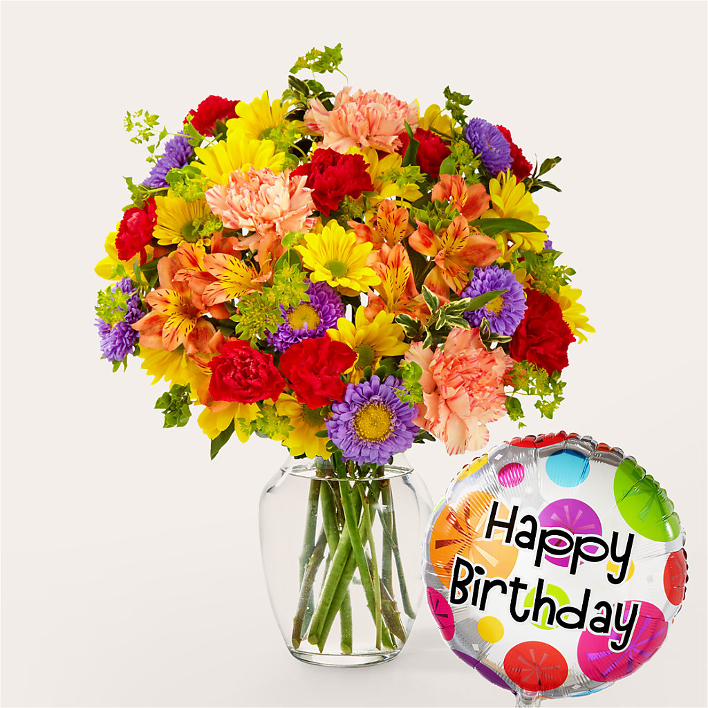 Kaleidoscope Bouquet with Birthday Balloon – Olson Florist, Salem OR
